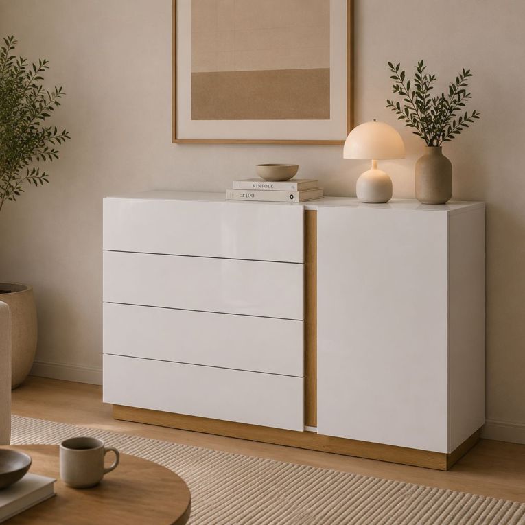 Credenza Bianco Lucido Marrone Rovere 4 Cassetti un Ripiano 138x40x91h cm, Apertura Battente, Scorrevole - Halana