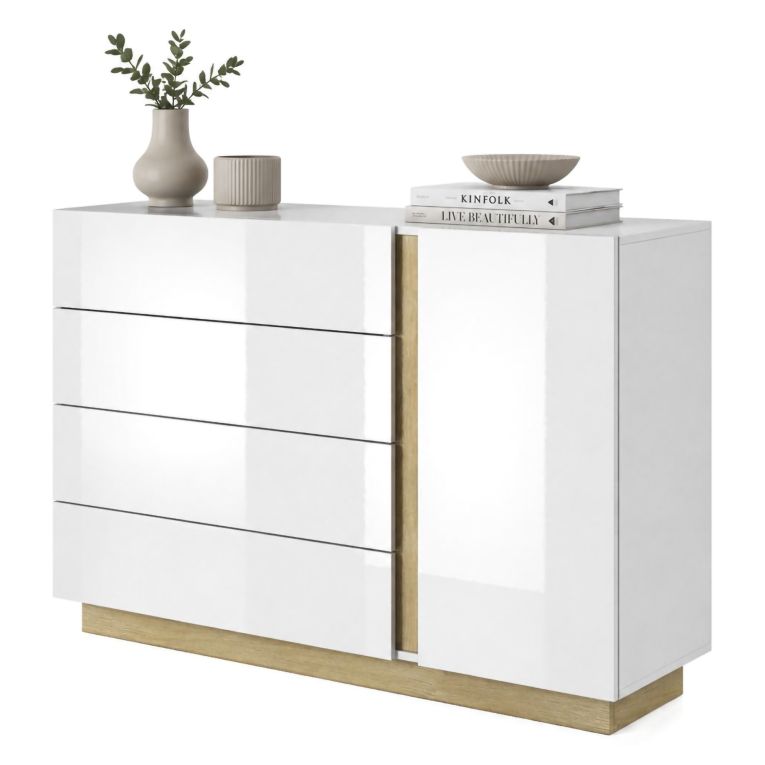Credenza Bianco Lucido Marrone Rovere 4 Cassetti un Ripiano 138x40x91h cm, Apertura Battente, Scorrevole - Halana
