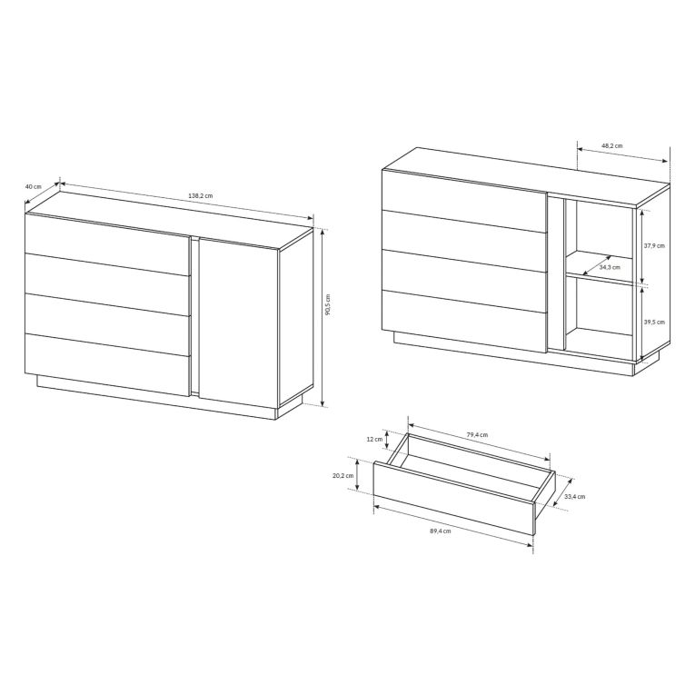 Credenza Bianco Lucido Marrone Rovere 4 Cassetti un Ripiano 138x40x91h cm, Apertura Battente, Scorrevole - Halana