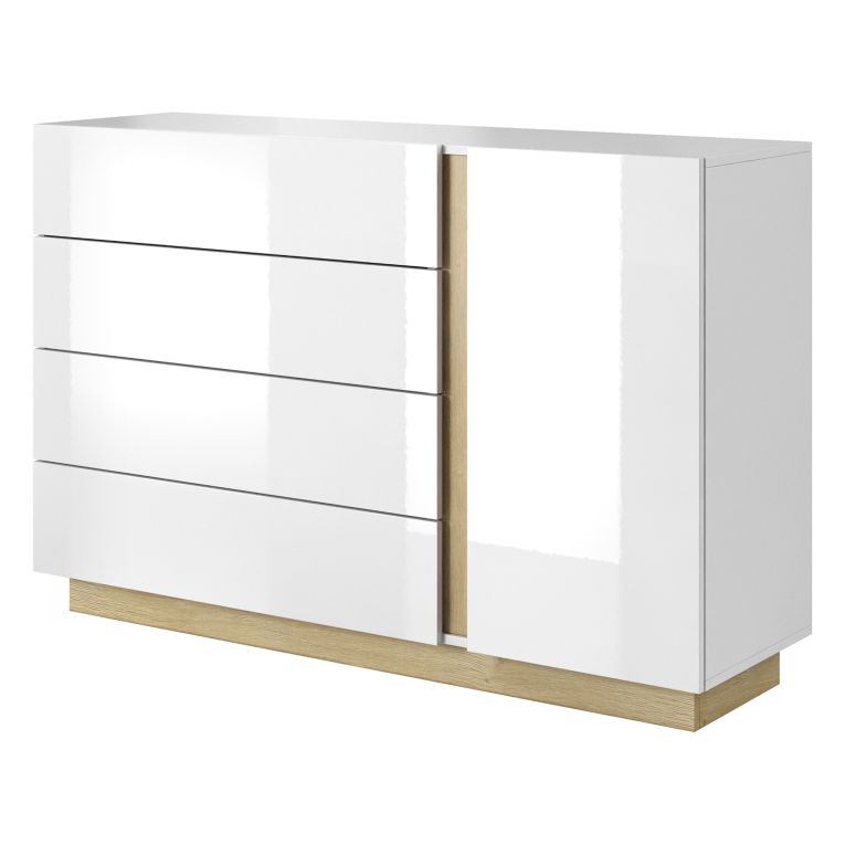Credenza Bianco Lucido Marrone Rovere 4 Cassetti un Ripiano 138x40x91h cm, Apertura Battente, Scorrevole - Halana