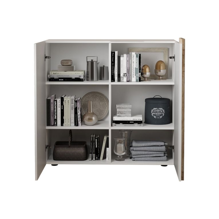 Credenza Bianco Lucido Marrone Rovere 4 Ripiani 6 Vani 121x44x114h cm, 2 Ante - Lucito