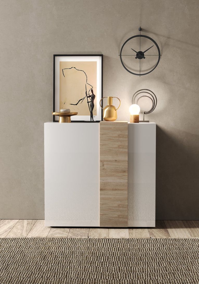 Credenza Bianco Lucido Marrone Rovere 4 Ripiani 6 Vani 121x44x114h cm, 2 Ante - Lucito