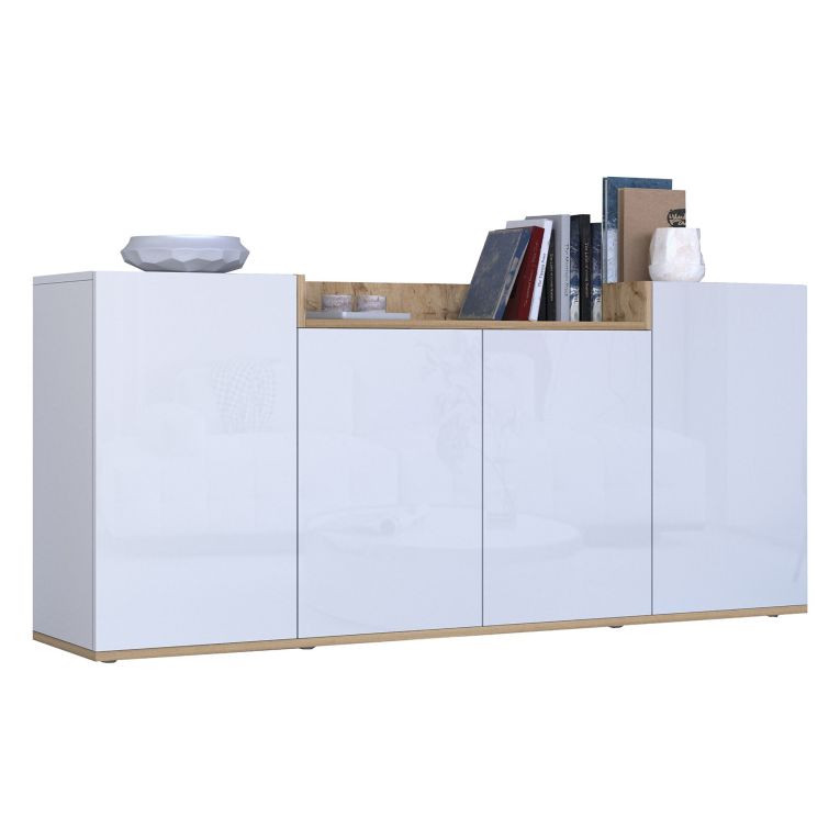 Credenza Bianco Lucido Marrone Rovere 6 Ripiani Apertura Battente 160x35x70h cm, 4 Ante Made in Italy - Swink