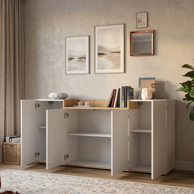 Credenza Bianco Lucido Marrone Rovere 6 Ripiani Apertura Battente 160x35x70h cm, 4 Ante Made in Italy - Swink