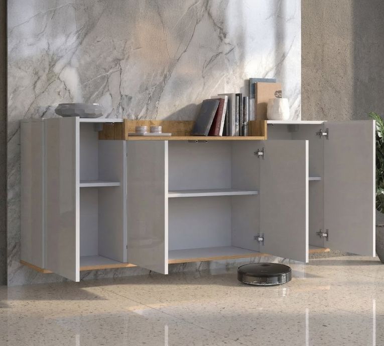 Credenza Bianco Lucido Marrone Rovere 6 Ripiani Apertura Battente 160x35x70h cm, 4 Ante Made in Italy - Swink