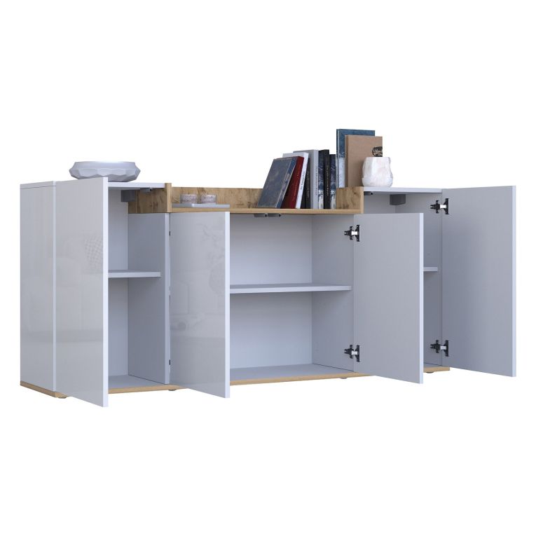 Credenza Bianco Lucido Marrone Rovere 6 Ripiani Apertura Battente 160x35x70h cm, 4 Ante Made in Italy - Swink