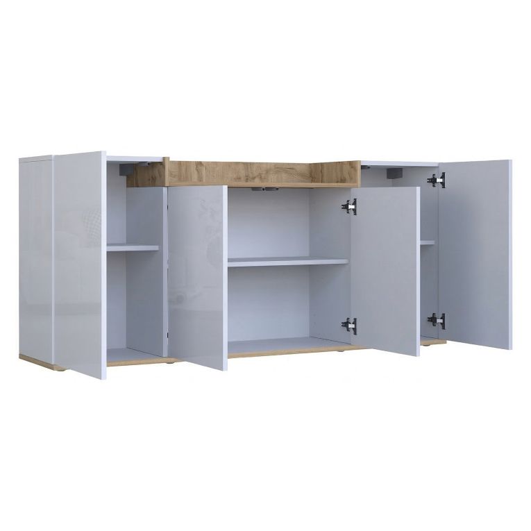 Credenza Bianco Lucido Marrone Rovere 6 Ripiani Apertura Battente 160x35x70h cm, 4 Ante Made in Italy - Swink