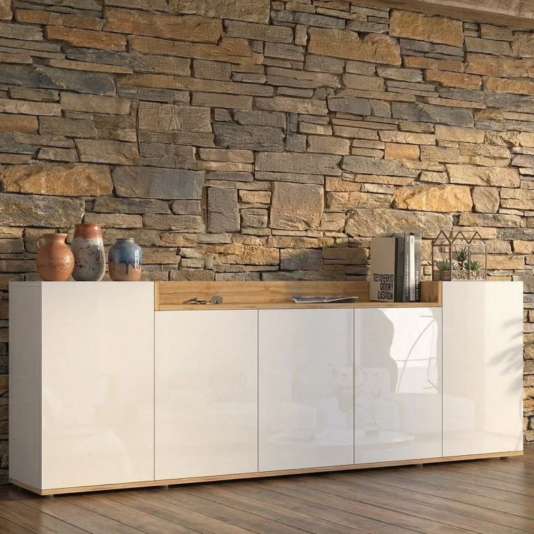 Credenza Bianco Lucido Marrone Rovere 7 Ripiani Apertura Battente 200x35x70h cm, 5 Ante Made in Italy - Cordele