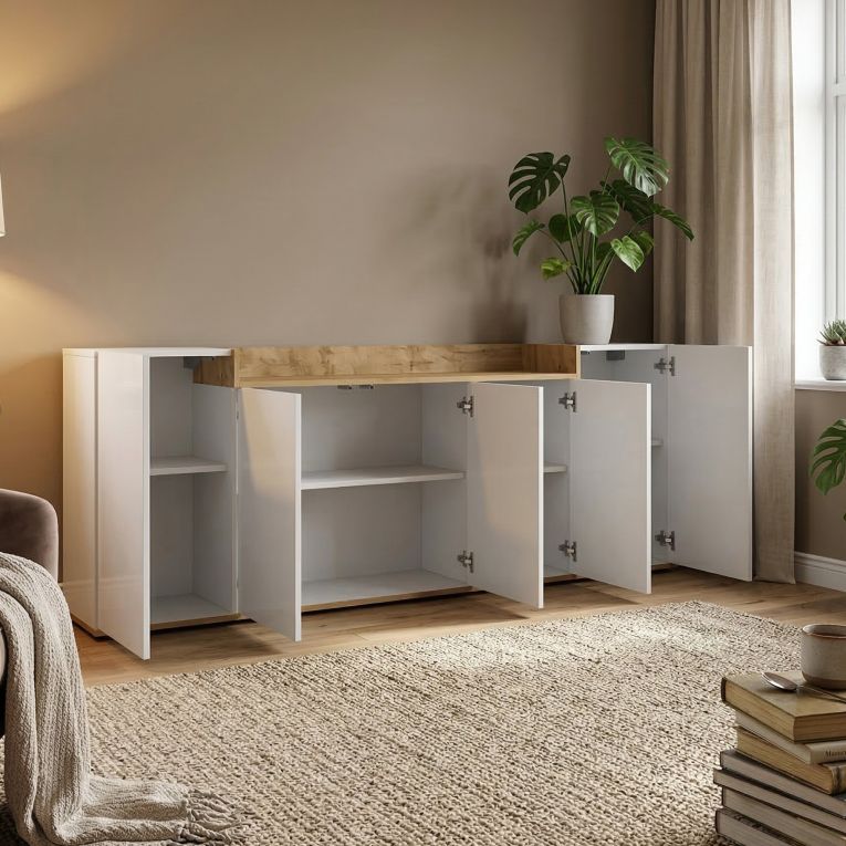Credenza Bianco Lucido Marrone Rovere 7 Ripiani Apertura Battente 200x35x70h cm, 5 Ante Made in Italy - Cordele
