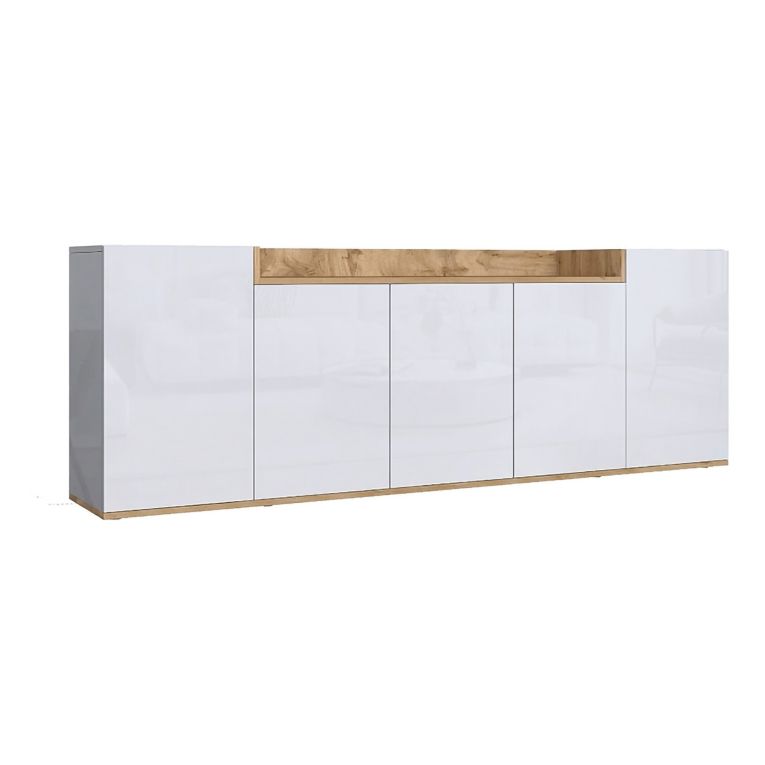 Credenza Bianco Lucido Marrone Rovere 7 Ripiani Apertura Battente 200x35x70h cm, 5 Ante Made in Italy - Cordele