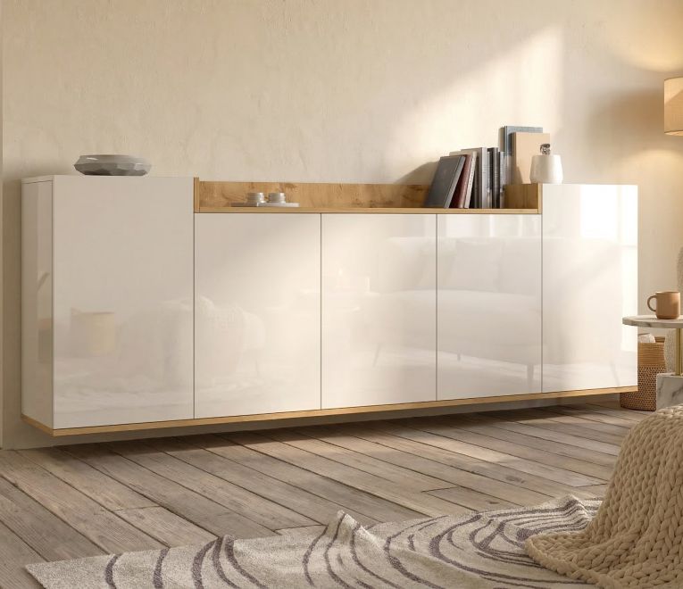 Credenza Bianco Lucido Marrone Rovere 7 Ripiani Apertura Battente 200x35x70h cm, 5 Ante Made in Italy - Cordele