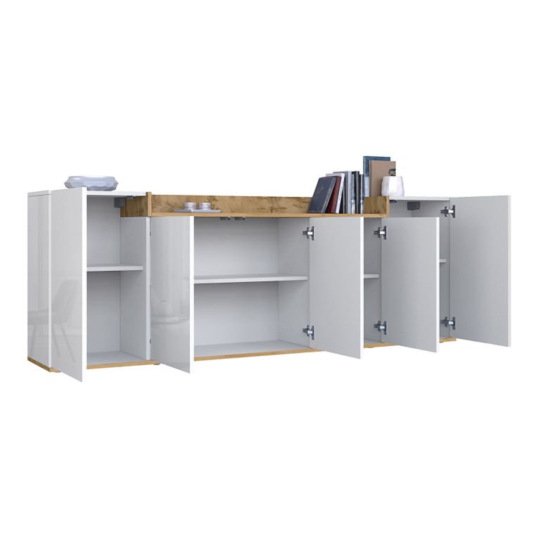Credenza Bianco Lucido Marrone Rovere 7 Ripiani Apertura Battente 200x35x70h cm, 5 Ante Made in Italy - Cordele