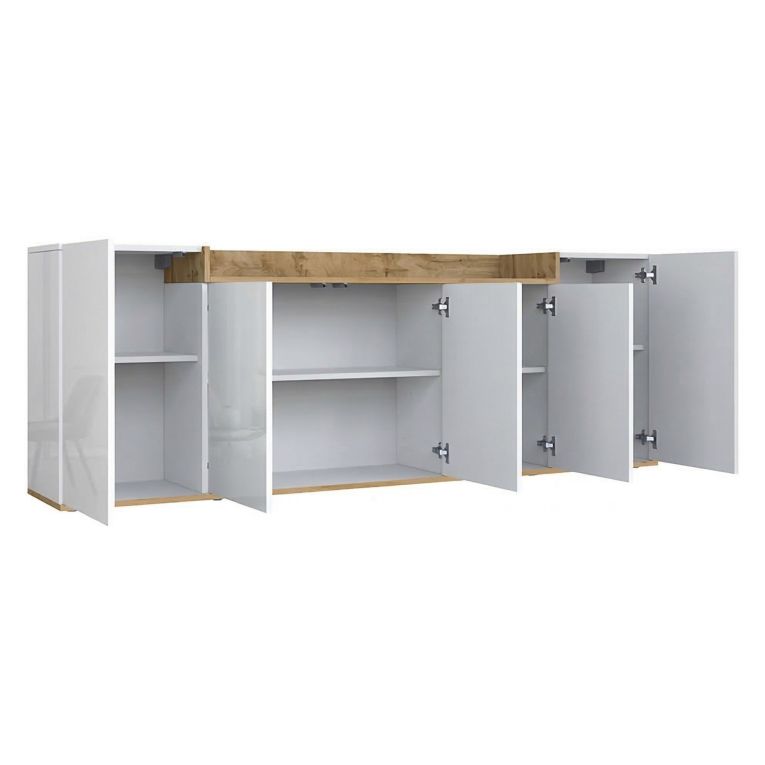 Credenza Bianco Lucido Marrone Rovere 7 Ripiani Apertura Battente 200x35x70h cm, 5 Ante Made in Italy - Cordele