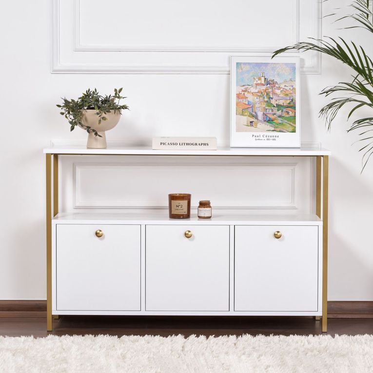 Credenza Bianco Lucido Nero 2 Ripiani 3 Vani 120x30x77h cm, 3 Ante - Noda