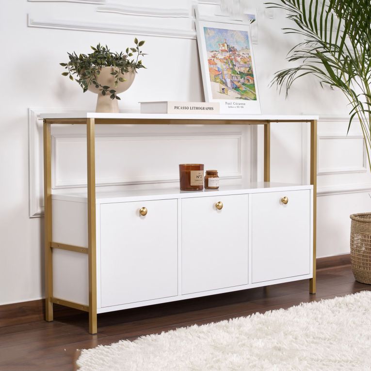 Credenza Bianco Lucido Nero 2 Ripiani 3 Vani 120x30x77h cm, 3 Ante - Noda