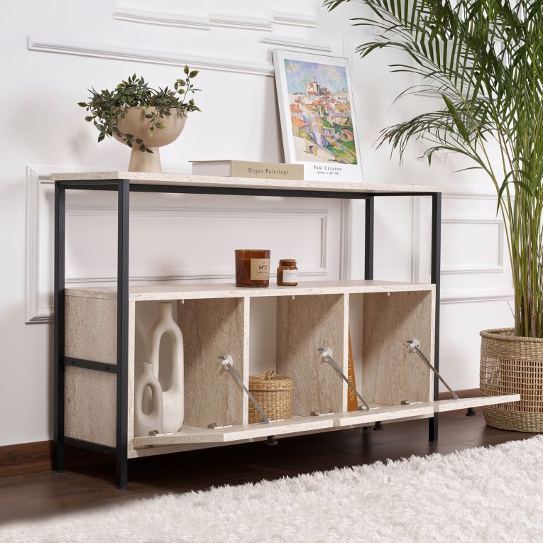 Credenza Bianco Marmo Nero 2 Ripiani 3 Vani 120x30x77h cm, 3 Ante - Noda