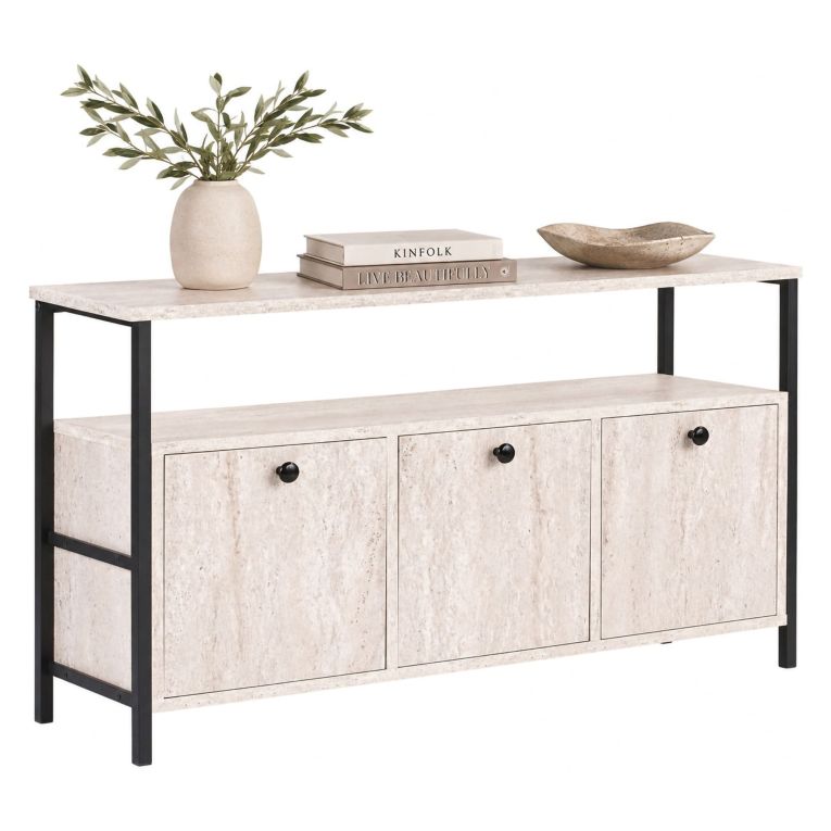 Credenza Bianco Marmo Nero 2 Ripiani 3 Vani 120x30x77h cm, 3 Ante - Noda