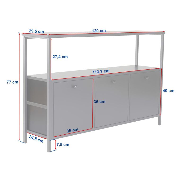Credenza Bianco Marmo Nero 2 Ripiani 3 Vani 120x30x77h cm, 3 Ante - Noda