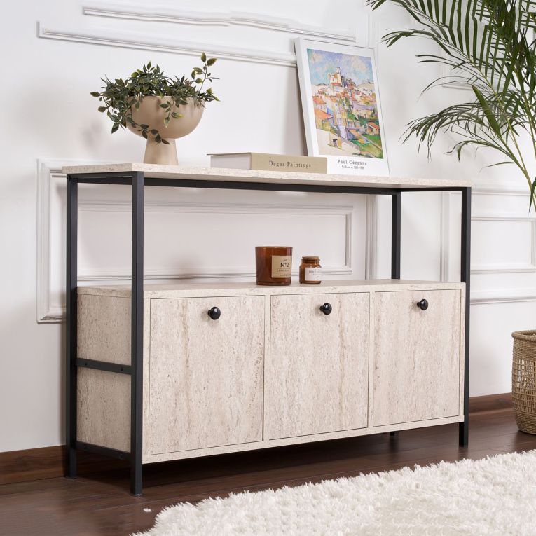 Credenza Bianco Marmo Nero 2 Ripiani 3 Vani 120x30x77h cm, 3 Ante - Noda