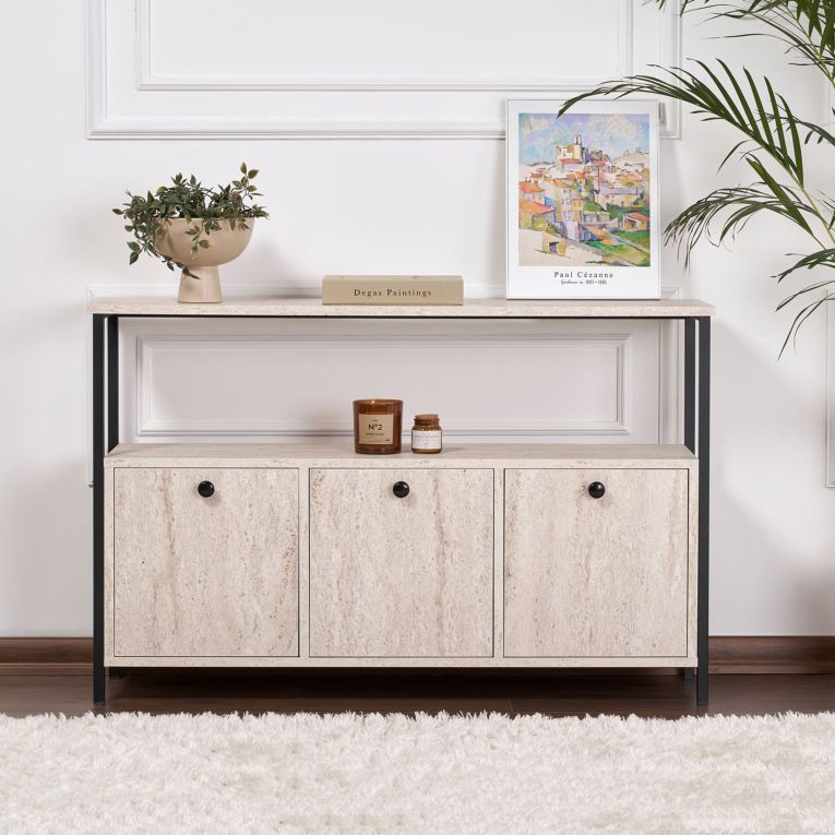 Credenza Bianco Marmo Nero 2 Ripiani 3 Vani 120x30x77h cm, 3 Ante - Noda
