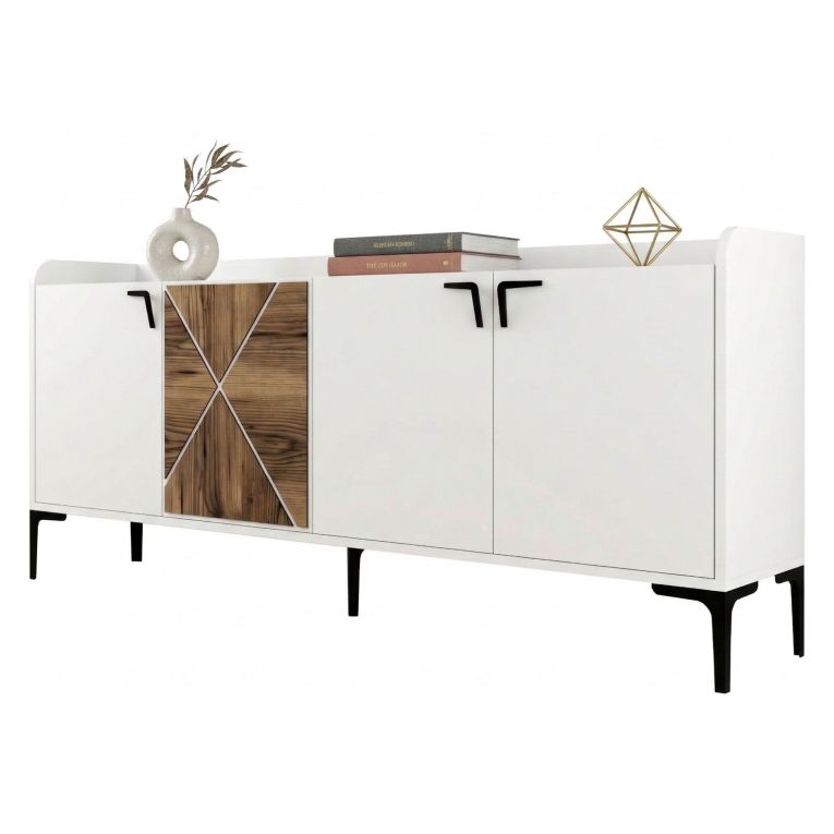 Credenza Bianco Marrone Noce 2 Ripiani 4 Ante 180x35x78h cm, 1 Anta Effetto Legno - Elini