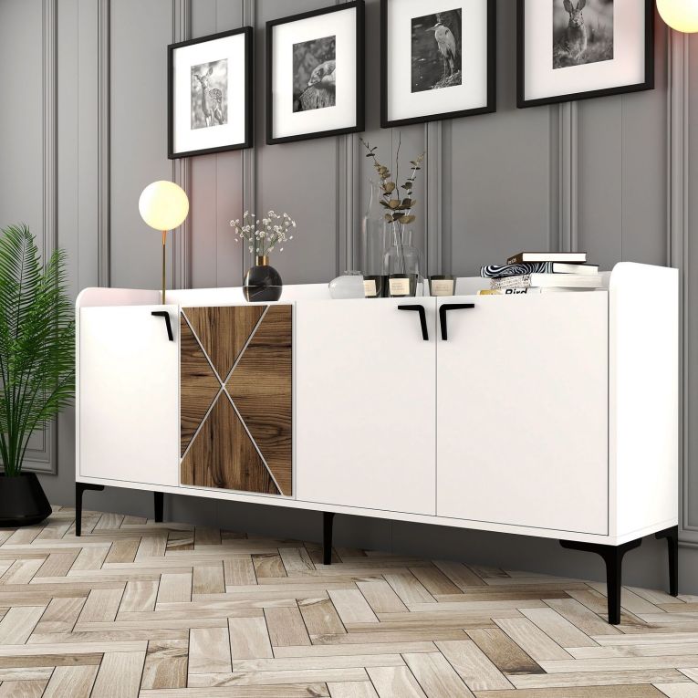 Credenza Bianco Marrone Noce 2 Ripiani 4 Ante 180x35x78h cm, 1 Anta Effetto Legno - Elini