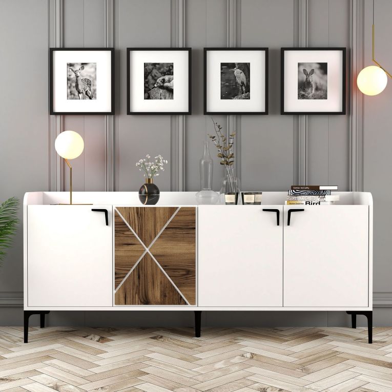 Credenza Bianco Marrone Noce 2 Ripiani 4 Ante 180x35x78h cm, 1 Anta Effetto Legno - Elini
