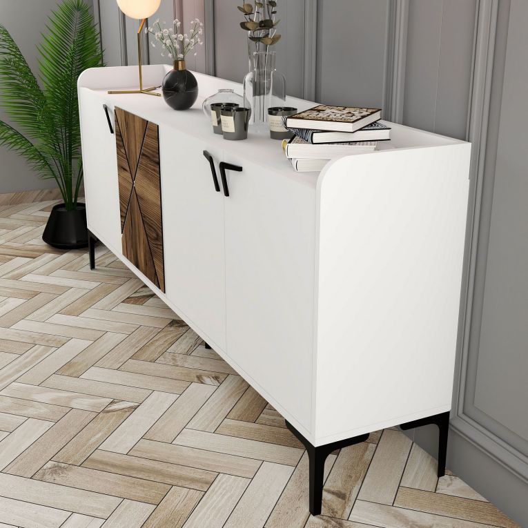 Credenza Bianco Marrone Noce 2 Ripiani 4 Ante 180x35x78h cm, 1 Anta Effetto Legno - Elini