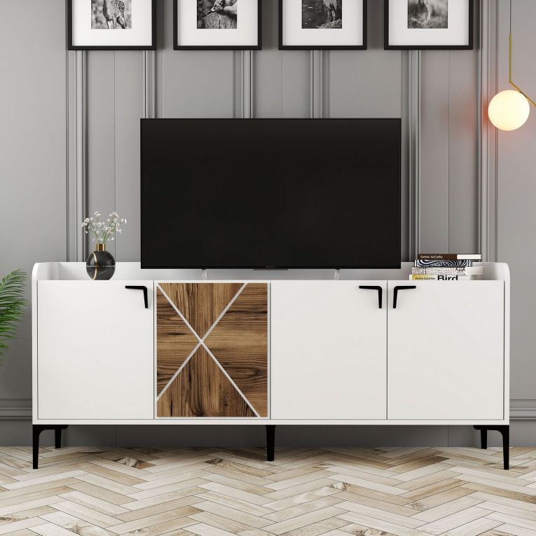 Credenza Bianco Marrone Noce 2 Ripiani 4 Ante 180x35x78h cm, 1 Anta Effetto Legno - Elini
