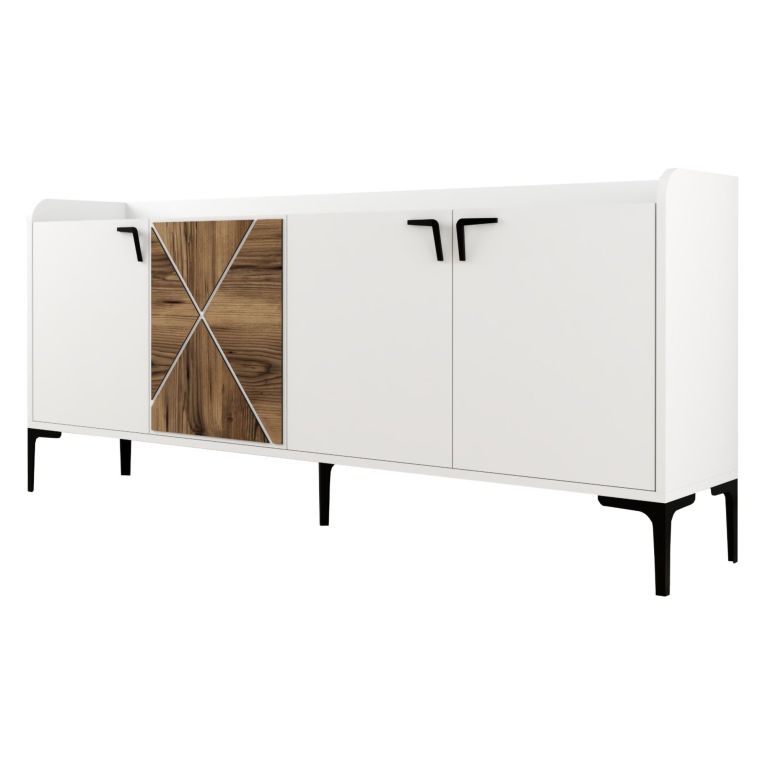 Credenza Bianco Marrone Noce 2 Ripiani 4 Ante 180x35x78h cm, 1 Anta Effetto Legno - Elini