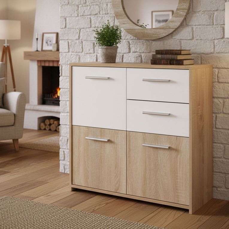 Credenza Bianco Marrone Quercia 2 Cassetti Apertura Battente 77x30x77h cm, 3 Ante - Piglio