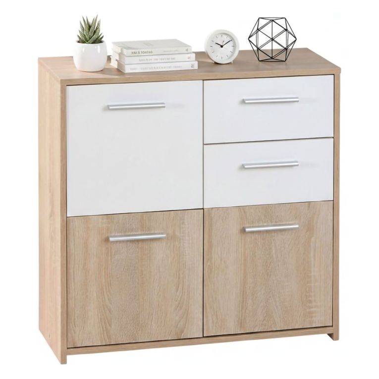 Credenza Bianco Marrone Quercia 2 Cassetti Apertura Battente 77x30x77h cm, 3 Ante - Piglio