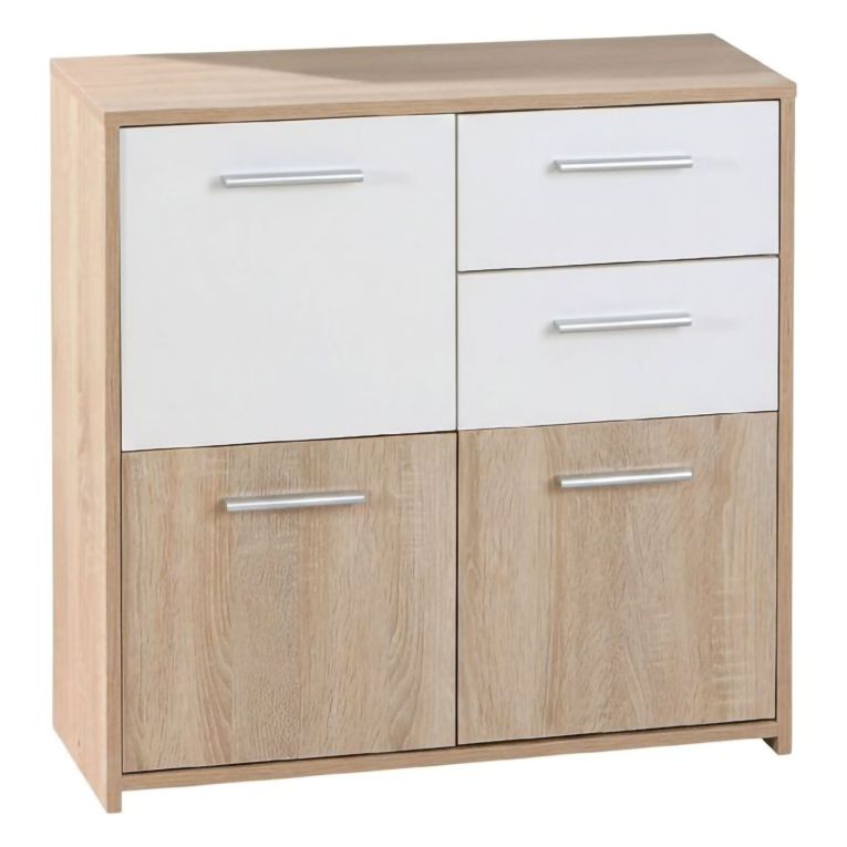 Credenza Bianco Marrone Quercia 2 Cassetti Apertura Battente 77x30x77h cm, 3 Ante - Piglio