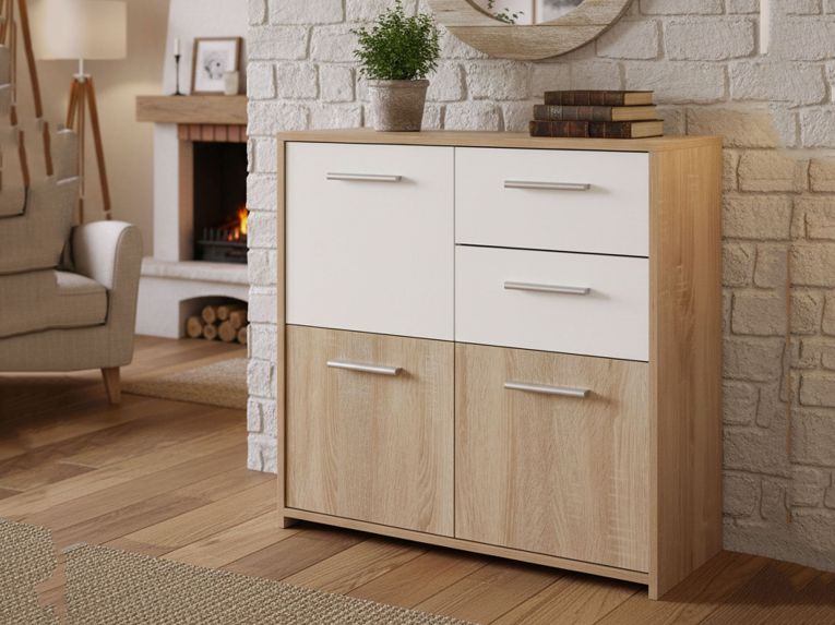 Credenza Bianco Marrone Quercia 2 Cassetti Apertura Battente 77x30x77h cm, 3 Ante - Piglio