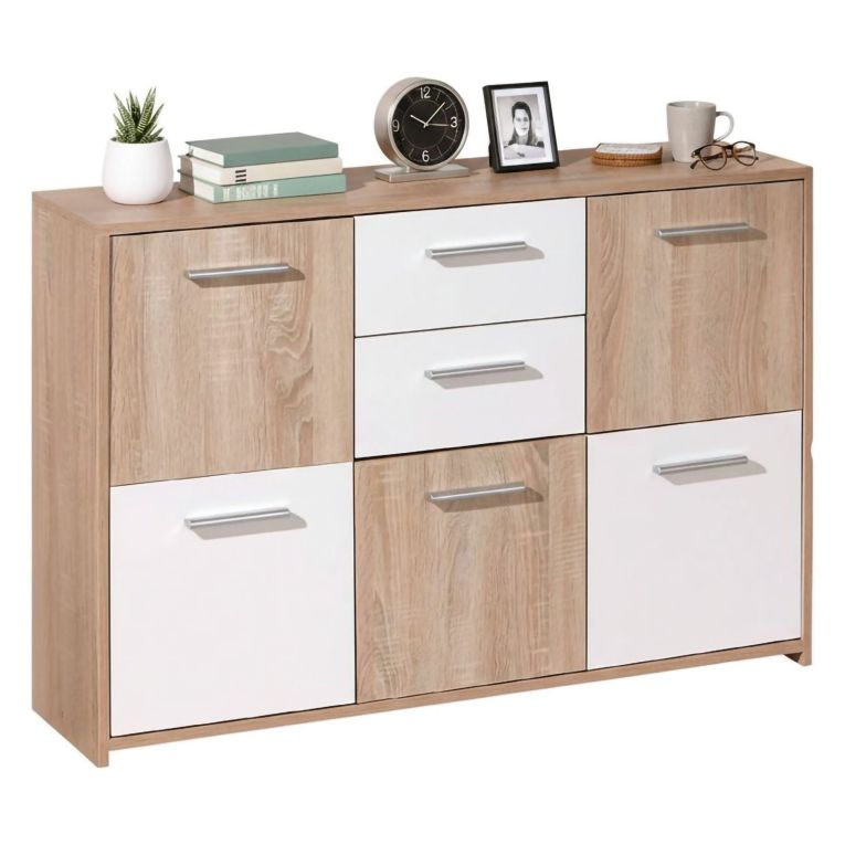 Credenza Bianco Marrone Quercia 2 Cassetti Apertura Battente, Scorrevole 115x30x77h cm, 5 Ante - Pianisi