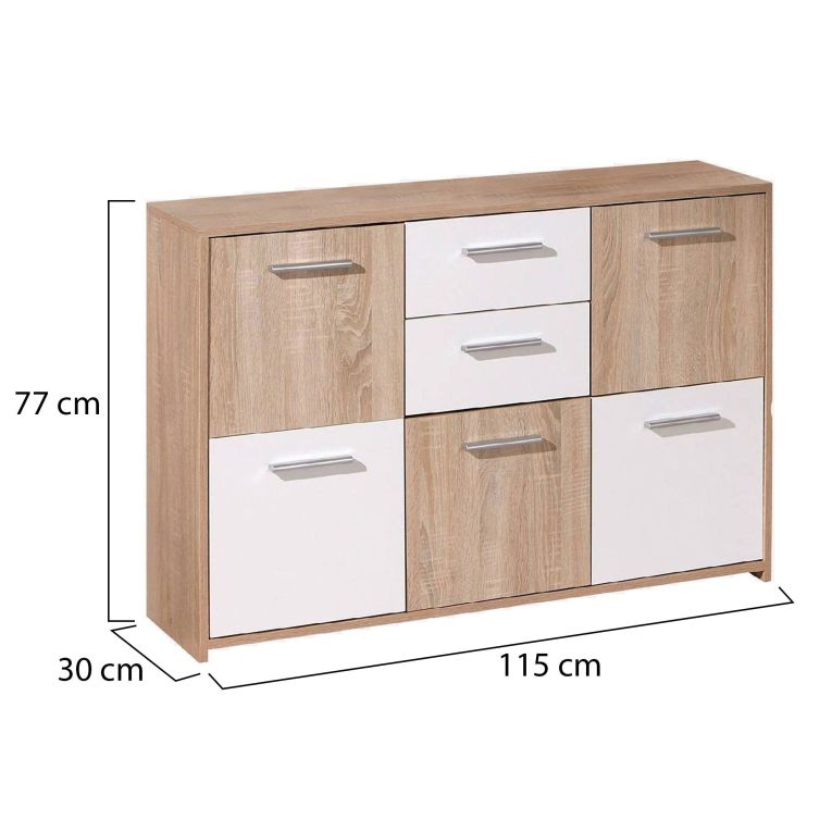 Credenza Bianco Marrone Quercia 2 Cassetti Apertura Battente, Scorrevole 115x30x77h cm, 5 Ante - Pianisi