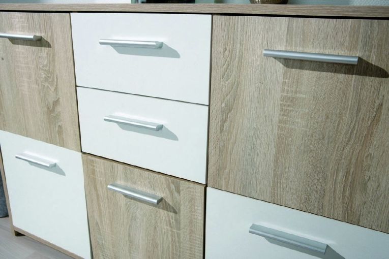 Credenza Bianco Marrone Quercia 2 Cassetti Apertura Battente, Scorrevole 115x30x77h cm, 5 Ante - Pianisi
