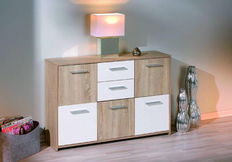 Credenza Bianco Marrone Quercia 2 Cassetti Apertura Battente, Scorrevole 115x30x77h cm, 5 Ante - Pianisi