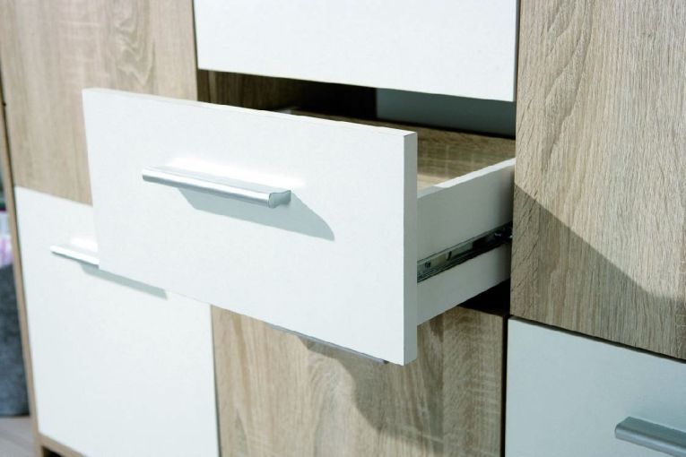 Credenza Bianco Marrone Quercia 2 Cassetti Apertura Battente, Scorrevole 115x30x77h cm, 5 Ante - Pianisi