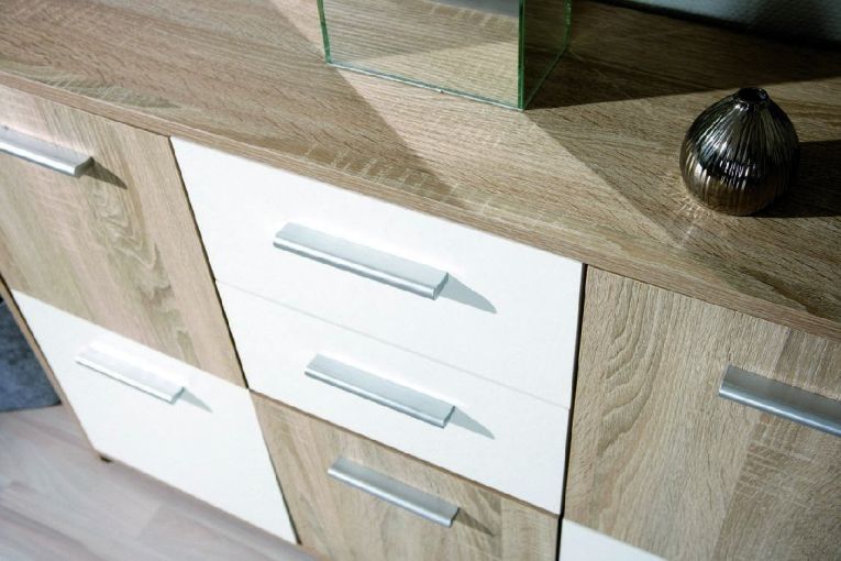 Credenza Bianco Marrone Quercia 2 Cassetti Apertura Battente, Scorrevole 115x30x77h cm, 5 Ante - Pianisi