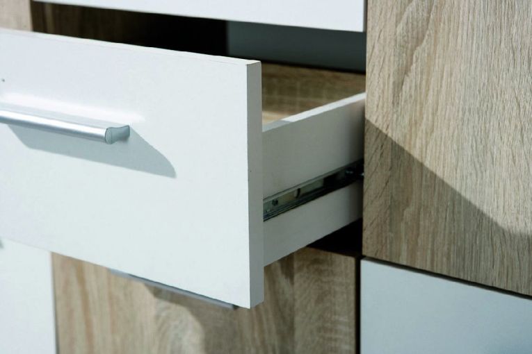 Credenza Bianco Marrone Quercia 2 Cassetti Apertura Battente, Scorrevole 115x30x77h cm, 5 Ante - Pianisi