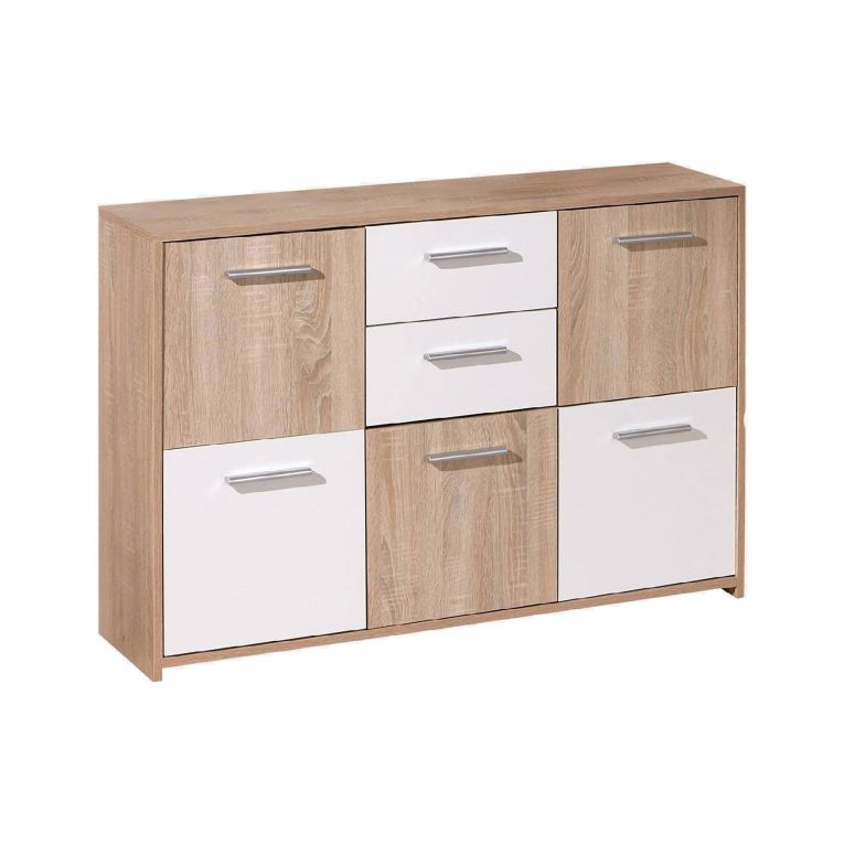 Credenza Bianco Marrone Quercia 2 Cassetti Apertura Battente, Scorrevole 115x30x77h cm, 5 Ante - Pianisi