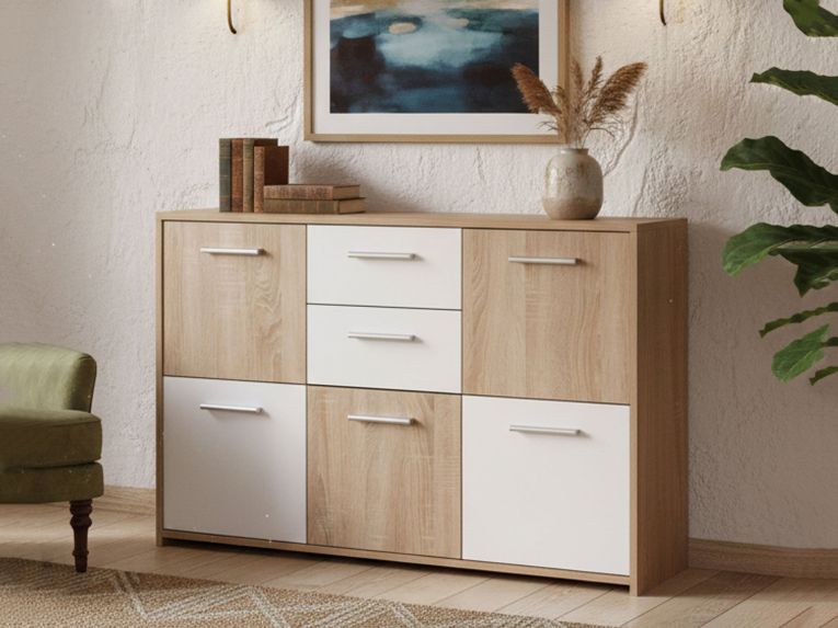 Credenza Bianco Marrone Quercia 2 Cassetti Apertura Battente, Scorrevole 115x30x77h cm, 5 Ante - Pianisi