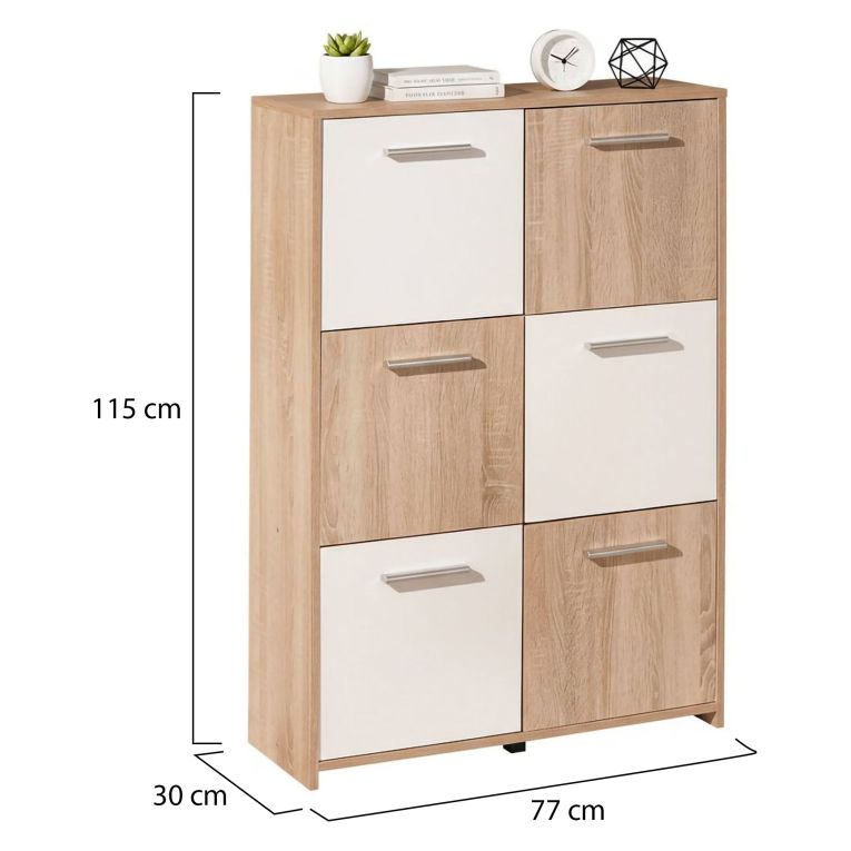 Credenza Bianco Marrone Quercia Apertura Battente 6 Ante 77x30x115h cm, 6 Vani - Dresano