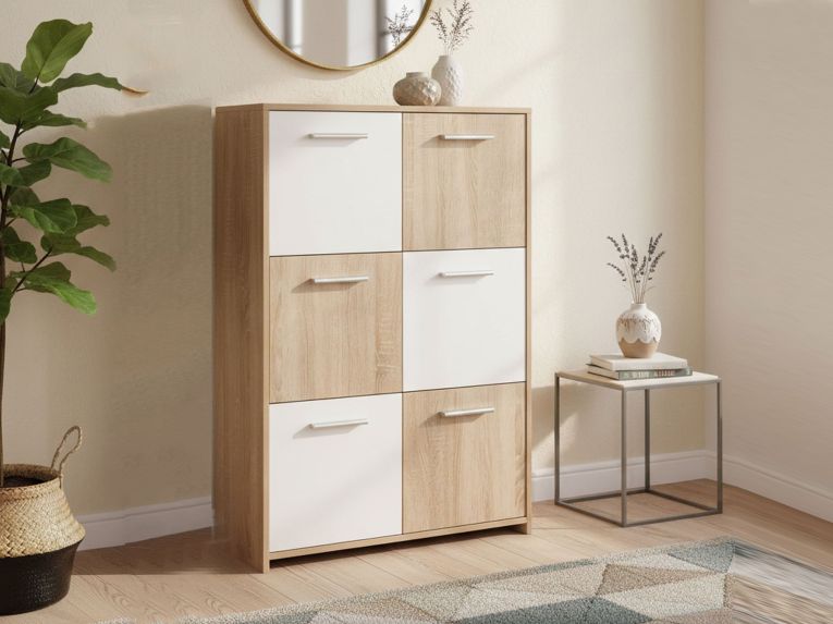 Credenza Bianco Marrone Quercia Apertura Battente 6 Ante 77x30x115h cm, 6 Vani - Dresano