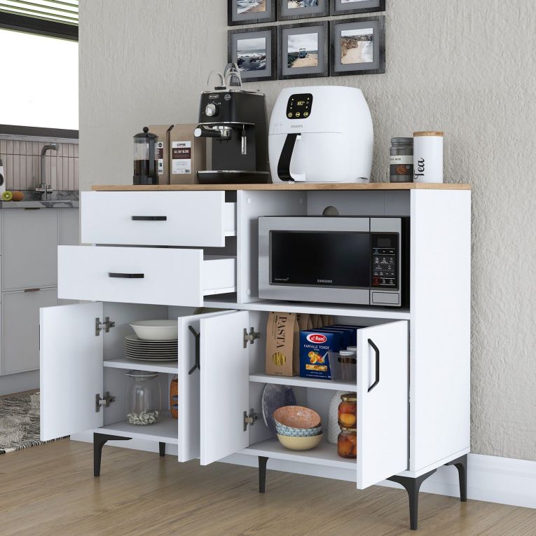 Credenza Bianco Marrone Rovere 2 Cassetti 2 Ripiani 120x40x99h cm, Apertura Battente, Scorrevole - Cavriana