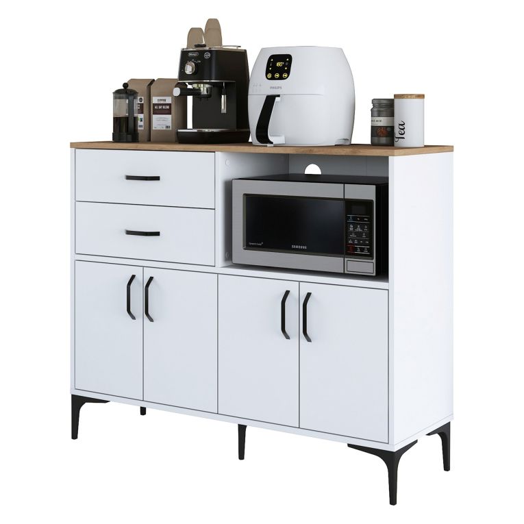 Credenza Bianco Marrone Rovere 2 Cassetti 2 Ripiani 120x40x99h cm, Apertura Battente, Scorrevole - Cavriana