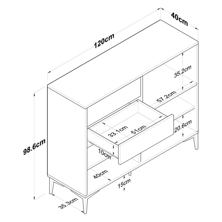 Credenza Bianco Marrone Rovere 2 Cassetti 2 Ripiani 120x40x99h cm, Apertura Battente, Scorrevole - Cavriana