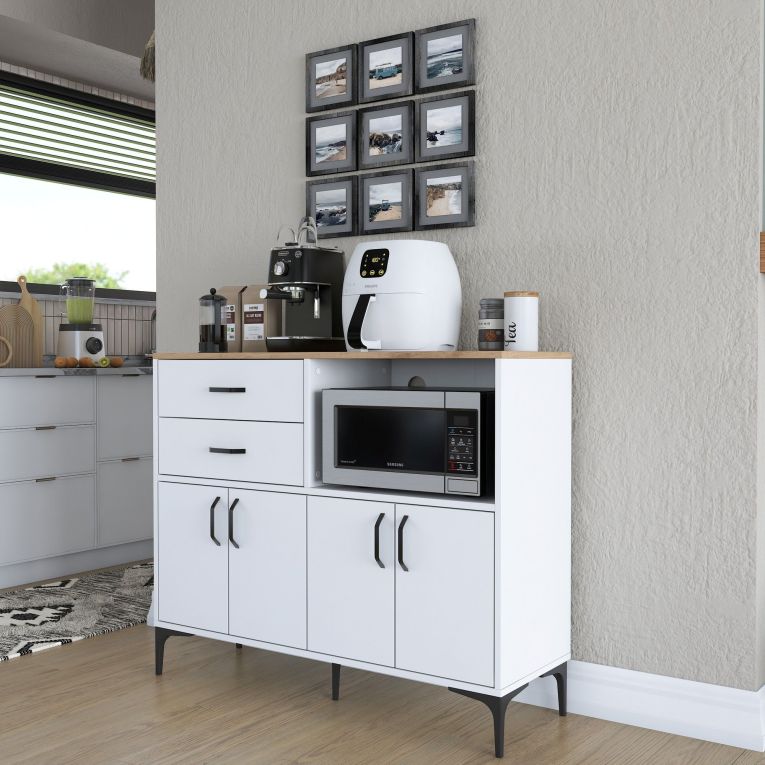 Credenza Bianco Marrone Rovere 2 Cassetti 2 Ripiani 120x40x99h cm, Apertura Battente, Scorrevole - Cavriana