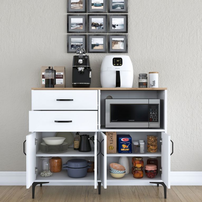 Credenza Bianco Marrone Rovere 2 Cassetti 2 Ripiani 120x40x99h cm, Apertura Battente, Scorrevole - Cavriana